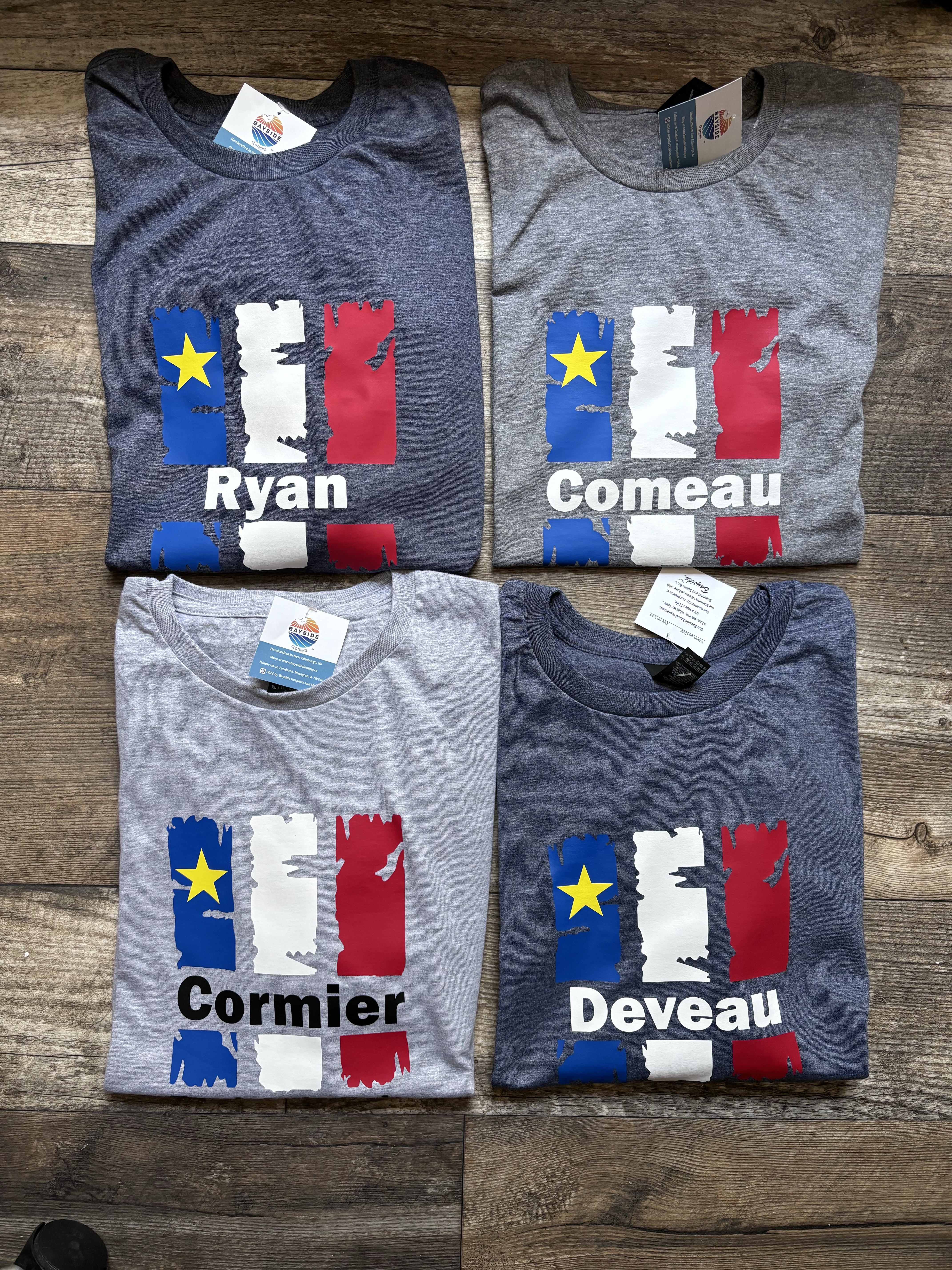 Custom Acadian flag name t-shirts