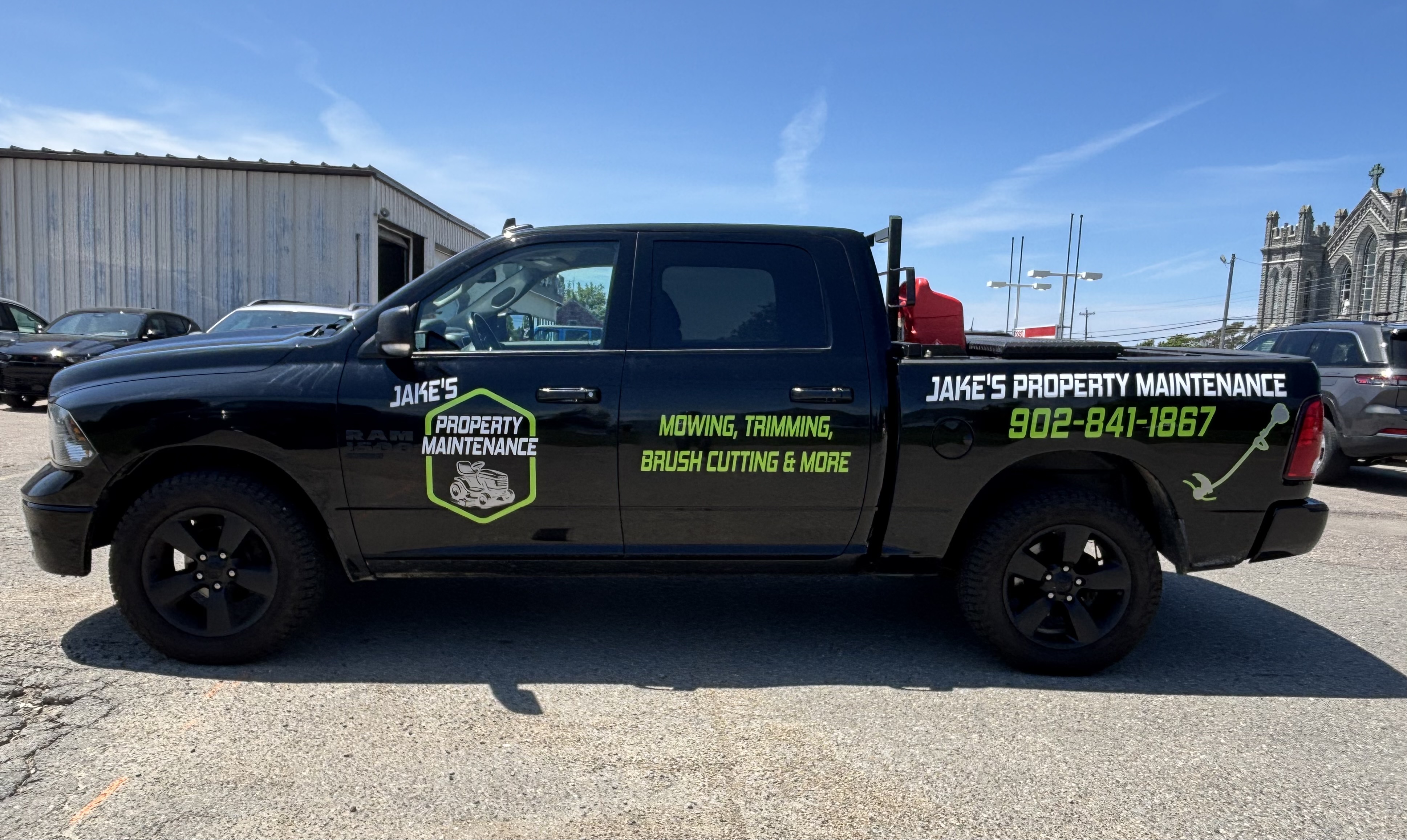 Jake's Property Maintenance Ram truck lettering
