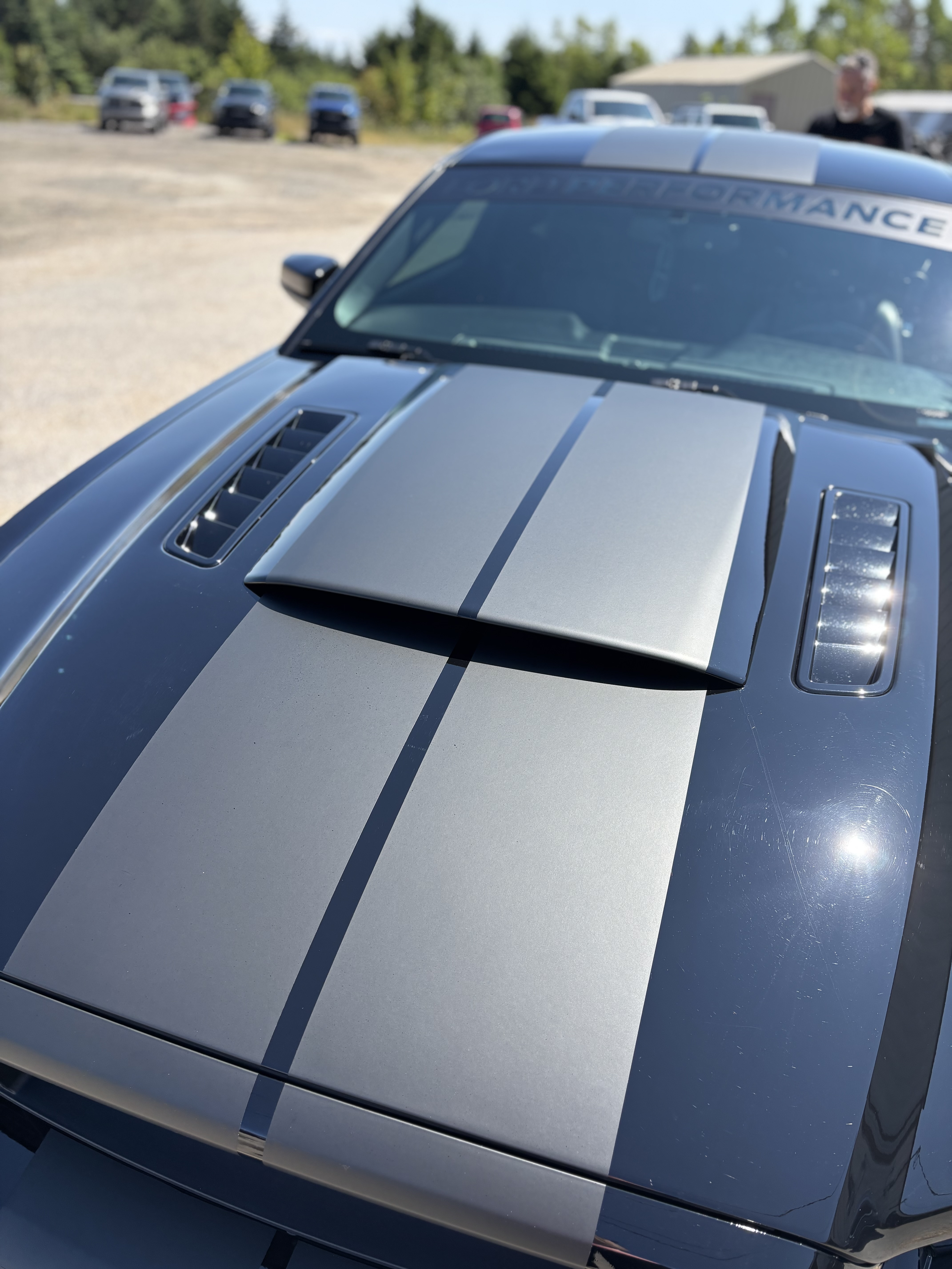 Ford Mustang GT hood scoop with matte racing stripes
